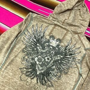 Y2K Hoodie Womne's XL Full Zip Graphic Print Floral Wings Crown Affliction Style